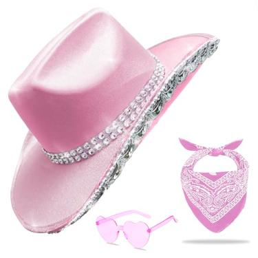 Imagem de JICASTO Chapéu de cowboy com glitter com lantejoulas e tiara coroa para mulheres, chapéus de festa de rodeio com óculos de coração (glitter de lantejoulas, rosa)