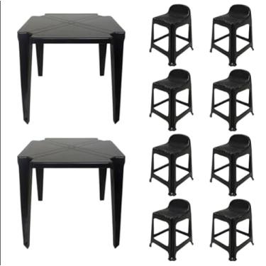 Imagem de 2 Mesas Quadradas Plástico Monobloco 70cm Preta + 8 Banquetas Com Encosto
