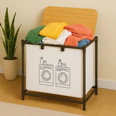 Imagem de Cesto Organizador Roupas Guarda Madeira Tampa Coberta Brinquedos Caixa