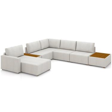 Imagem de Sofá De Canto Com Chaise E Mesa Lateral Sala De Estar Living 347cm Gales M03 Linho Cru - Lyam Decor