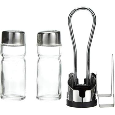 Imagem de Conjunto Galheteiro de Vidro com Saleiro e Pimenteiro em Aço Inox com Porta Guardanapo, 2 Peças