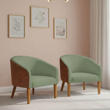 Imagem de Poltrona Sala Decorativa Kit 2 Stella Pé Madeira Trapézio Castanho Sintético Pu D03 - D'rossi Nozes-bouclê Pistache