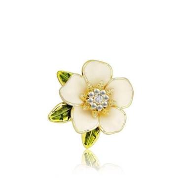 Imagem de Broche de flor branca elegante com folhas verdes e cristal - yiweisai