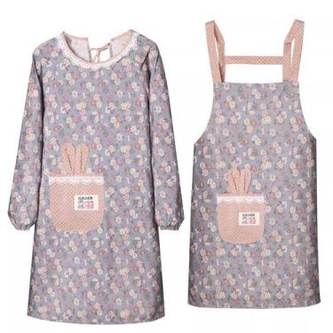 Imagem de Avental de manga comprida, algodão, estampa floral, estilo coreano - Y