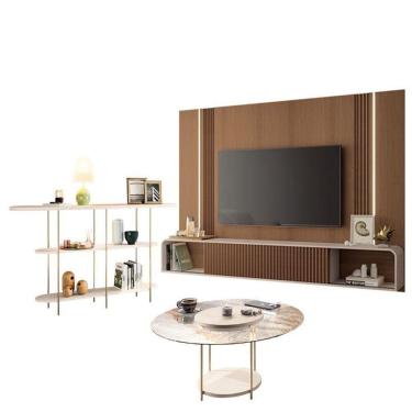 Imagem de Home Suspenso Castanho Off White E Aparador Infinity E Mesa De Centro Sky Com Tampo De Vidro Off White- Hb Móveis