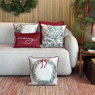 Imagem de Kit 5 Capas Almofadas Veludo Natal Guilanda, Azevinhos e Merry Bordô -