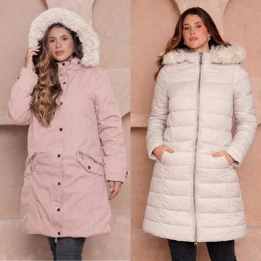 Imagem de Sobretudo Alongado Puffer Dupla Face com Capuz Peluciado COR:ROSA-AREI