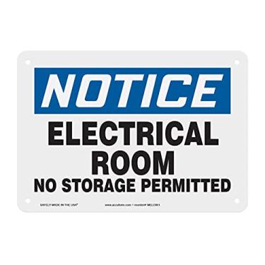 Imagem de Accuform MELC801VP Placa de segurança de plástico, legenda "Notice Electrical Room No Storage Permitted", 18 cm de comprimento x 25 cm de largura x 0,1 cm de espessura, azul/preto sobre branco