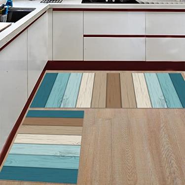 Imagem de Tapete de corredor de cozinha, madeira ombre marrom azul-petróleo decoração de casa de fazenda antiderrapante tapete de porta tapete tapete tapete para lavanderia banheiro quarto conjunto de 2