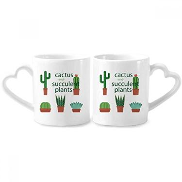 Imagem de Conjunto de canecas de porcelana para casal com ilustração de cacto de plantas suculentas em vaso e alça de coração