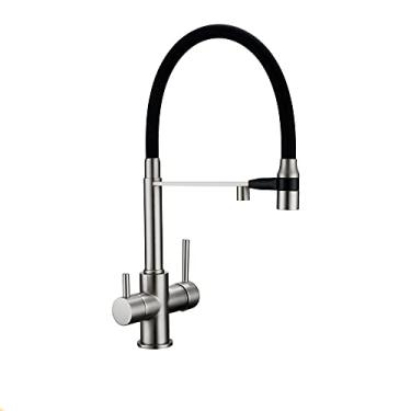 Imagem de Torneira de cozinha de níquel escovado Torneira de cozinha de alça dupla retrátil Cromado fosco Misturador de cozinha de latão furo único Torneira para pia de 3 vias, T1