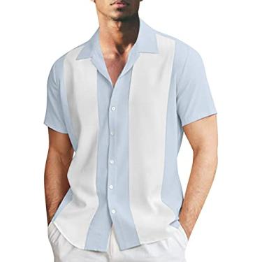 Imagem de Camisetas masculinas de boliche com botões listradas Guayabera Beach Shirts Loose Casual Retro 1950s Roupas masculinas, 0119b-azul claro, P