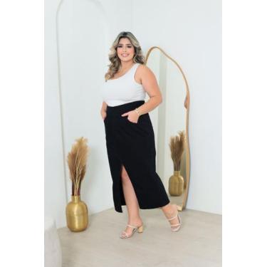 Imagem de Saia Midi Plus Size Feminina Sarja Preta Com Fenda Frontal - Autógrafo