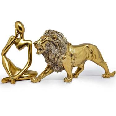 Imagem de Kit Estátua Decorativa Figura Abstrata Homem Pensador + Leão Enfeite E