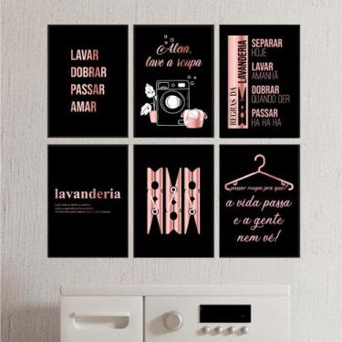 Imagem de Kit 6 Quadros Rose Gold Lavanderia Lavar Roupa Regra 20x28cm - CAMALEÃ