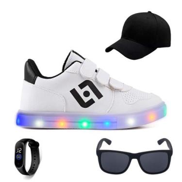 Imagem de Kit Tenis de LED Infantil Casual Light Bone Oculos e Relogio, Branco, 