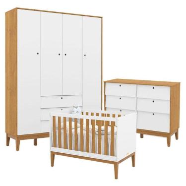 Imagem de Quarto de Bebe Unique 4 Portas com Cômoda 6 Gavetas Branco Soft Freijó Eco Wood - Matic