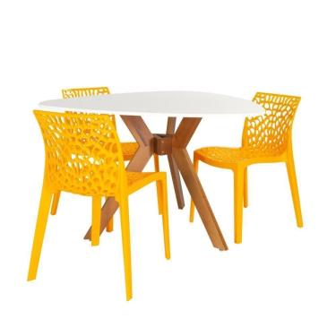 Imagem de Conjunto Mesa De Jantar Orgânica Nina 120cm Branca Com 3 Cadeiras Gruvyer - Amarelo