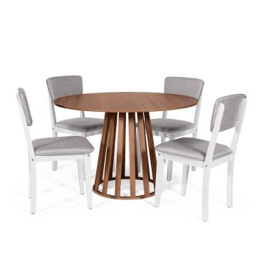 Imagem de Mesa De Jantar Redonda Gabi Noronha Com 4 Cadeiras Estofadas Ella Branco/cinza Claro