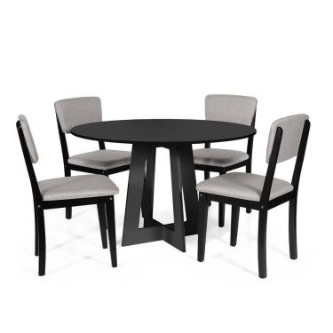 Imagem de Mesa De Jantar Redonda Montreal Preta Com 4 Cadeiras Estofadas Ella Preto/cinza Claro