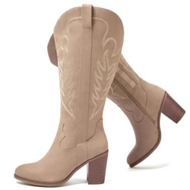 Imagem de Luoika Botas femininas extra largas na altura do joelho caubói de cano alto, largura larga, salto alto, plus size, Bege 701, 10.5 X-Wide