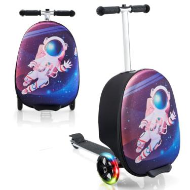 Imagem de Yacul Scooter de mala infantil, bagagem dobrável 2 em 1 com rodas de luz LED, mala de viagem leve para meninos e meninas (azul)
