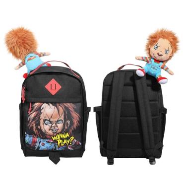 Imagem de Mochila Chucky preta de 44,5 cm com pingente de personagem de pelúcia