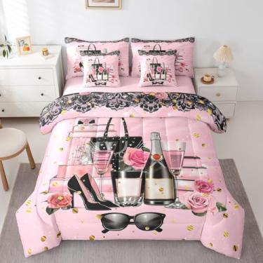 Imagem de Erosebridal Conjunto de edredom feminino moderno com lençóis, tamanho solteiro, rosa moderno, feminino, para meninas, crianças, adolescentes, revistas, rosa, flor, cama, bolsa, salto alto, maquiagem