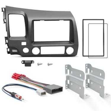 Imagem de NuIth Kits de painel de rádio duplo DIN com plugue de antena de fio de rádio para Honda Civic 2006-2011 2011 suporte de caixa de montagem estéreo com botão de airbag de passageiro, kit de instalação
