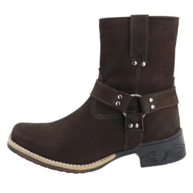 Imagem de Bota Country Couro Cano Médio Aplicaçoes Argola Lateral Sola Borracha Costurada Palmilha EVA Tamanho:38;Cor:Marrom;Gênero:Masculino;Departamento BS:Esporte