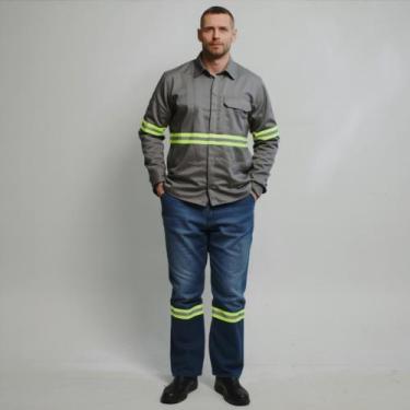 Imagem de Kit Conjunto Uniforme Camisa e Calça Jeans Brim Com Faixa Refletiva Co