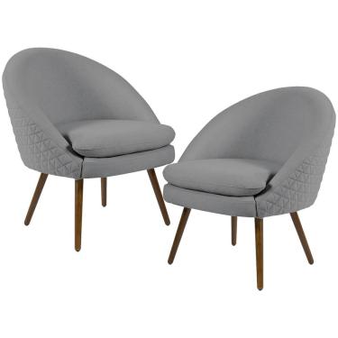 Imagem de Kit 02 Poltronas Decorativas Fixa Pés Palito Rafa D02 Tressê Linho Cinza C-416 - Lyam Decor