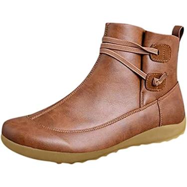 Imagem de Sapatos Botas de Inverno Botas de Tornozelo Couro Feminino Vintage Redondo Impermeável, Marrom, 5.5