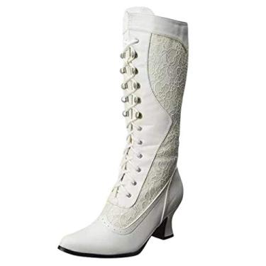 Imagem de Bigfanshu Botas femininas cano médio com zíper lateral e salto alto de renda branca e bico fino, Branco, 10.5