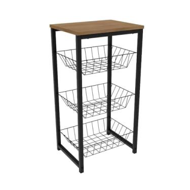 Imagem de Fruteira de Chão Amadeirado Cestos Removíveis Suporta 50Kg Preto Fosco Aço