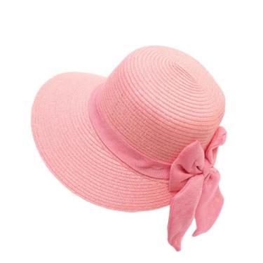 Imagem de Chapéu de sol feminino de aba larga grande com laço panamá para férias casual chapéu de palha estilo 001A pnnrk tamanho adulto