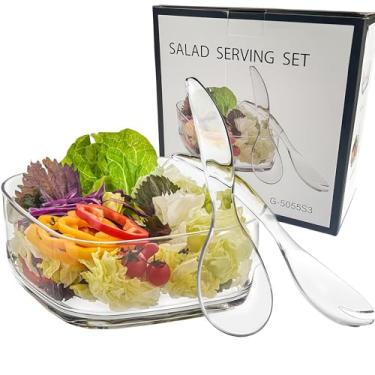 Imagem de Qxbekmor Conjunto grande de tigela de salada quadrada de acrílico de 25,4 cm com 2 servidores de salada, à prova de estilhaçamento, leve, seguro para freezer e lava-louças, ótimo para frutas, saladas