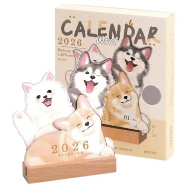 Imagem de Calendário de mesa 2026 com temas de cachorro e gatinho | Base de madeira vertical | Agenda mensal para escritório, escola, casa | Presente para amantes de animais de estimação (Cão multicolorido)
