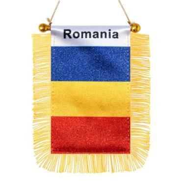 Imagem de JBSJBS Bandeira pendurada da Romênia mini bandeiras de janela de carro romeno pequenas bandeiras de espelho retrovisor decoração bandeiras da Romênia com ventosa com franjas douradas dupla face 7,6 x