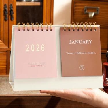 Imagem de Calendário de mesa pequeno 2026 - Mini calendário de mesa com citações inspiradoras de 12 meses, encadernação de fio duplo de papel grosso de 250 g/m2 para casa, escritório (rosa, 16,7 x 12 x 6 cm)