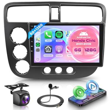 Imagem de Orderich Rádio veicular Android de 8 núcleos 6G + 128G para Honda Civic 2001-2005 com CarPlay sem fio Android Auto, tela sensível ao toque de 22.9 cm, conexão espelhada, GPS WiFi, Bluetooth, FM, RDS