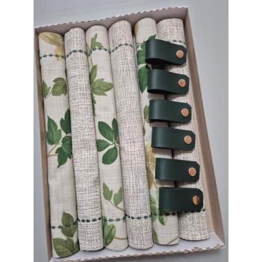 Imagem de Jogo Americano Dupla Face (kit de 6 lugares) Tecido Impermeável Folhas Verdes + 6 Porta Guardanapos | Mesa Posta