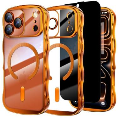 Imagem de Misscase Capa projetada para iPhone 17 Pro de 6,3 polegadas, com protetor de tela de privacidade*1, linda capa com moldura ondulada com protetor de lente de câmera, compatível com MagSafe Plating