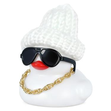 Imagem de BOZILY Pato de borracha branca com chapéu de malha, óculos e colar dourado - decoração de painel de montagem DIY, enfeite de Natal, decoração de alívio de estresse para carro, casa, escritório