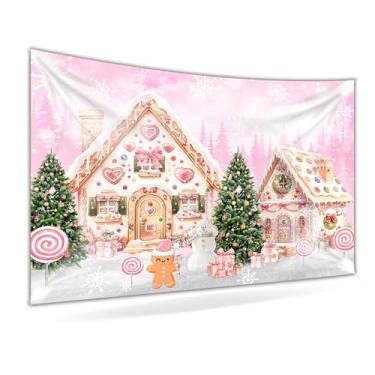 Imagem de Mocsicka Pano de fundo de gengibre de Natal rosa Feliz Natal decoração de casa de gengibre branco floco de neve Natal pinheiro fotografia de inverno banner banner adereços de cabine fotográfica (3 x