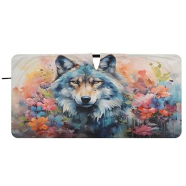 Imagem de CEBUGI Para-brisa de carro dobrável sombra de sol aquarela lobo flores janela de carro guarda-chuva pára-brisa frontal para-sol para acessórios de carro fixe bloqueador solar refletivo de carro, M