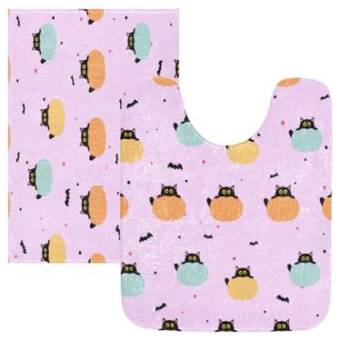 Imagem de Burbuja Conjunto de tapetes de banheiro de gatos pretos espiando de abóboras, tapete de banho macio e absorvente, base de vaso sanitário antiderrapante para banheiro
