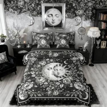 Imagem de Erosebridal Jogo de cama gótico king size com 7 peças | Conjunto de cama boêmio com sol e lua, galáxia, vintage, floral, preto, decoração gótica