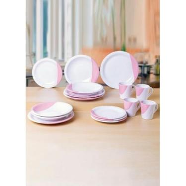 Imagem de Prato de Sobremesa Branco，Jogo de Jantar Louças Pratos e Xícaras 30 peças Completo de cerâmica lindas cores (Rosa,30 peças)
