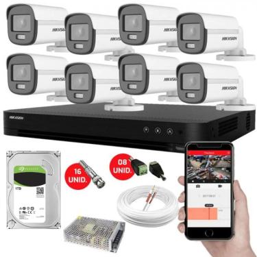 Imagem de Kit CFTV 8 Câmeras de Segurança Hikvision Colorvu Imagens Noturnas Coloridas Full HD 1080p c/hd 1TB